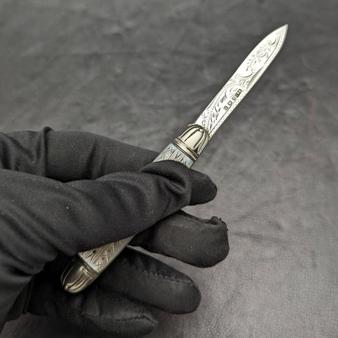 1916 British Antique White Pearl Shell Handle Pure Silver Engraving Blade Folding Pen Knife